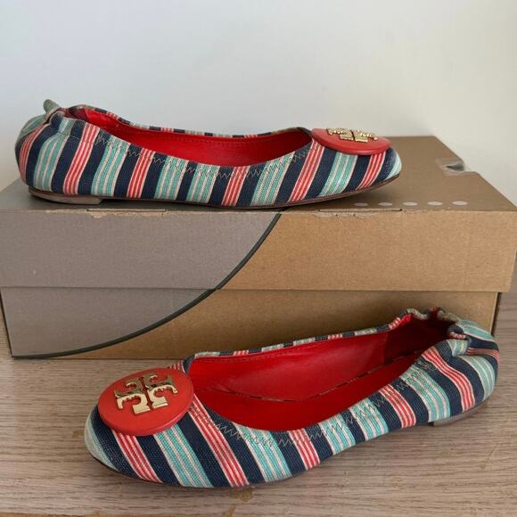TORY BURCH Reva Printed Canvas Bauer Striped Ballet Flats-Women 7.5 - Picture 5 of 11